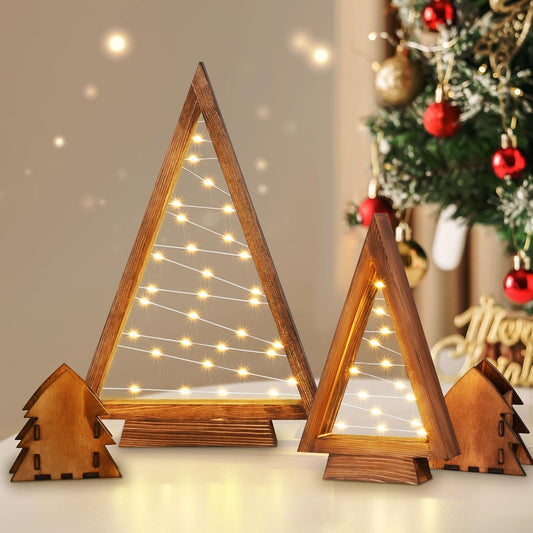 Wooden Christmas Tree with Lights, 4 Pcs Table Top Christmas Tree Lighted Mini Wood Christmas Tree Decorations Indoor Modern Farmhouse Triangle Christmas Decor