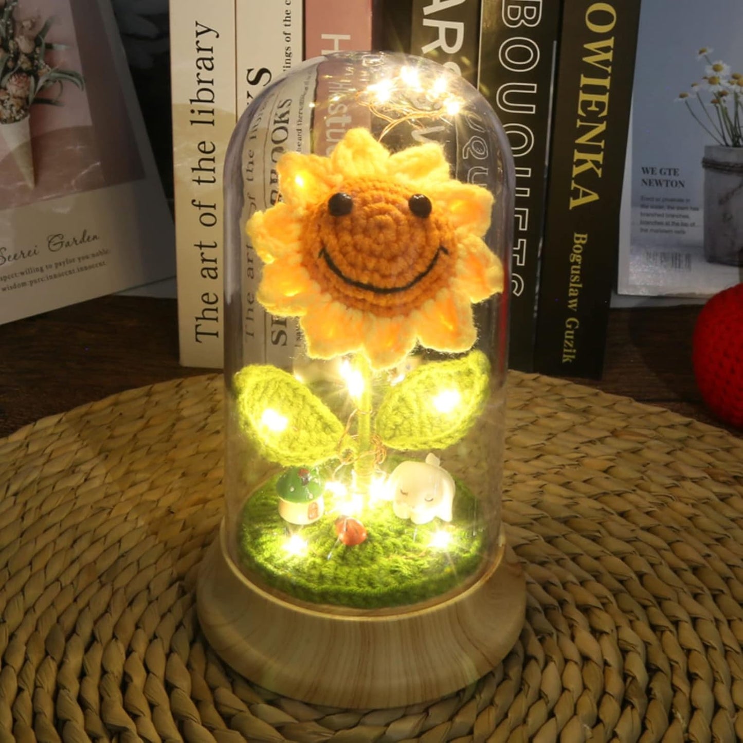 Eternal Sunflower Gifts for Women, Crochet Artificial Sun Flower Decor in Plastic Dome with Led, for Her Mom Mothers Day Birthday Anniversary Christmas Valentine's Day Gifts (Yellow)