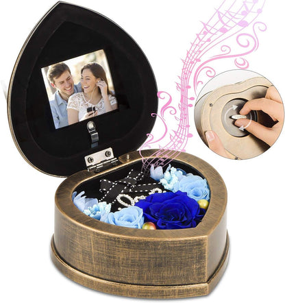 Handmade Preserved Flower 3 Blue Rose in a Mechanical Musical Box with Photo Frame Design, Gifts for Her on Mother's Day Valentine's Day Anniversary Wife Birthday Gifts(Music Blue Rose)