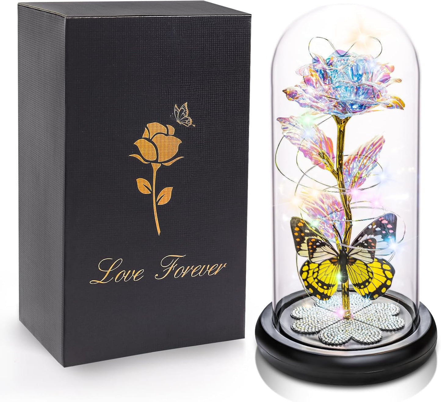 Valentines Day Gifts for Her, Galaxy Glass Rose Forever Eternal Crystal Flower Light Up Rose in Glass Dome with Butterfly Birthday Valentine Gifts for Women Daughter Mom Wife Girlfriend Colorful