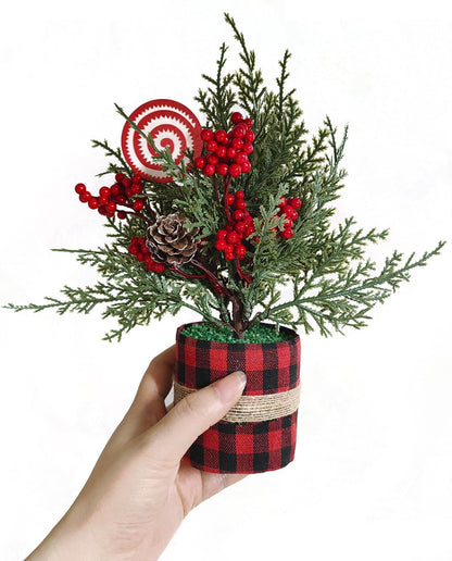 Small Christmas Tree Centerpieces Tabletop Decorations 10.5" Red Berry Pinecone Frosted Artificial Pine Tree in a Box for Winter Rustic Farmhouse Holiday Xmas Dining Table Flower Arrangements (Cedar)