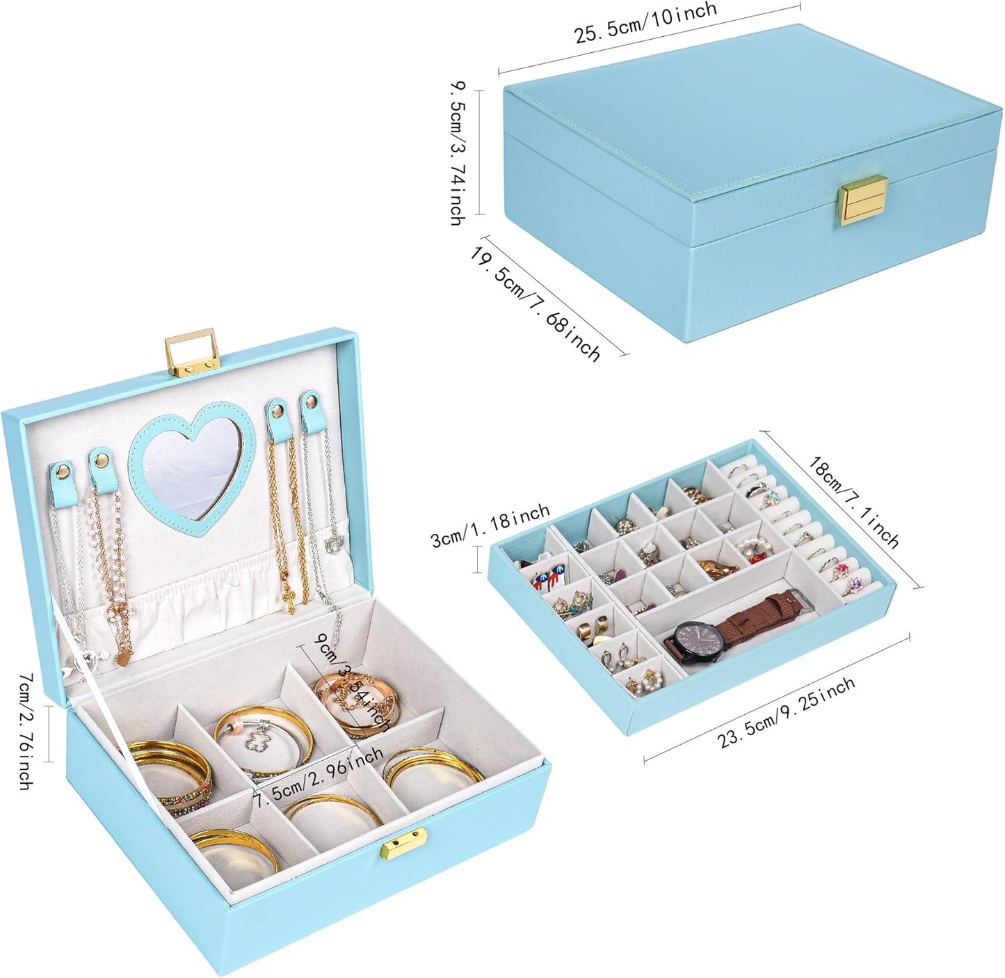 Dajasan Jewelry Box for Teenage Girl Gifts, Jewelry Organizer Box for Little Girls Kids, 2-Layer Large Jewelry Gift Box for Christmas, Valentine's Day, Birthday, Mother's Day (Blue)