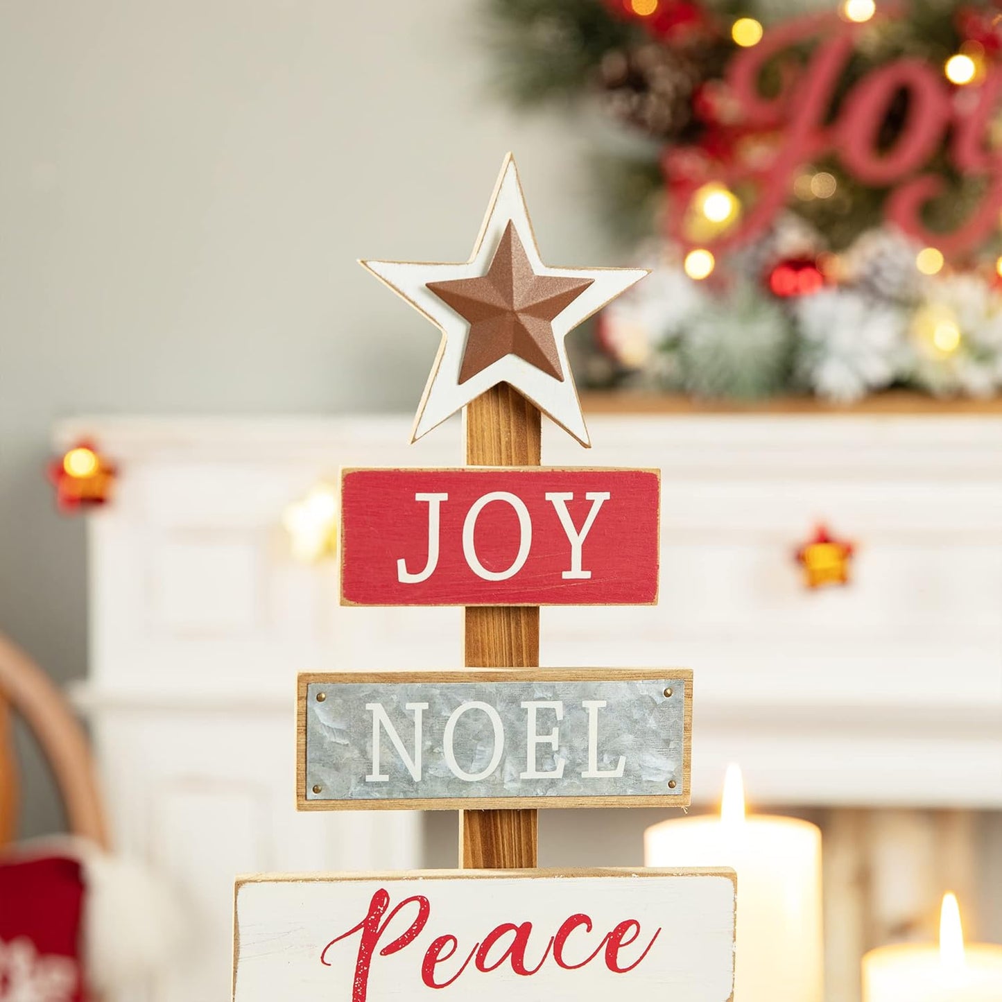 Glitzhome 20 Inch Wooden Christmas Tree Table Decor, Farmhouse Xmas Table Tree with Berries, Metal Star Joy Noel Peace Believe Christmas Tabletop Tree Shape Centerpiece Holiday Decoration