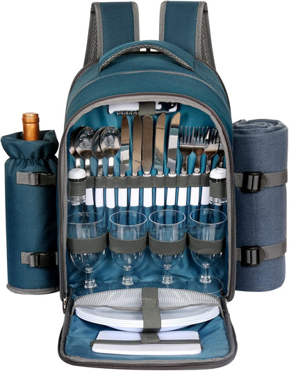 Hap Tim Picnic Basket Backpack for 4 Person with Blanket, Wine Holder, Cooler Compartment, Cutlery Set, Couples Gifts, Mr & Mrs Gifts, Bridal Shower Gifts, Registry Wedding Registry, Blue (3065-BL)