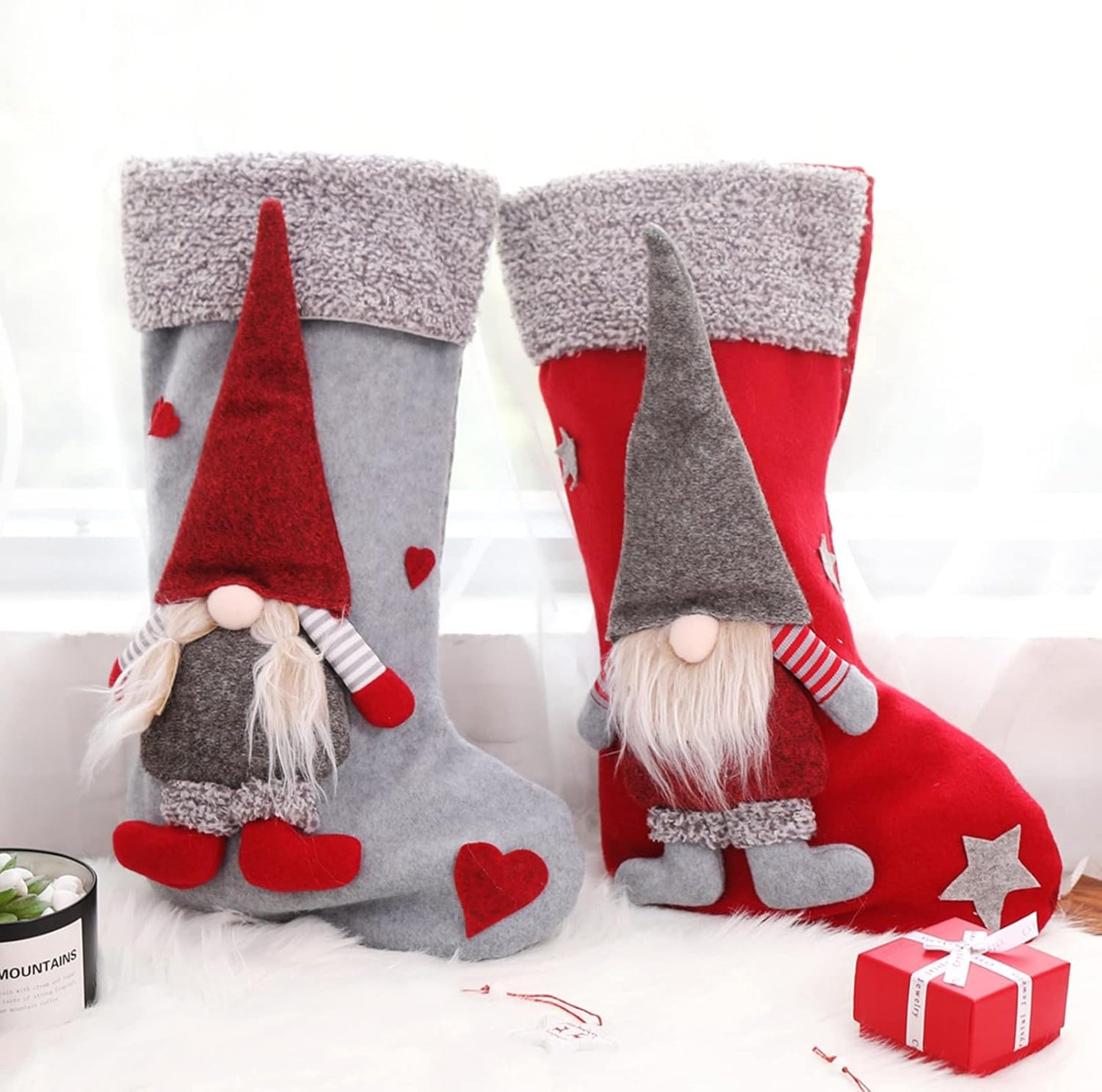 Houwsbaby 2 Pcs Christmas Stockings Set with 3D Mr and Mrs Swedish Gnome Tomte Nisse Couple Holders with Plush Cuff Gift Bags for Kids Holiday Fireplace Hanging Xmas Party Decorations, 19 inches