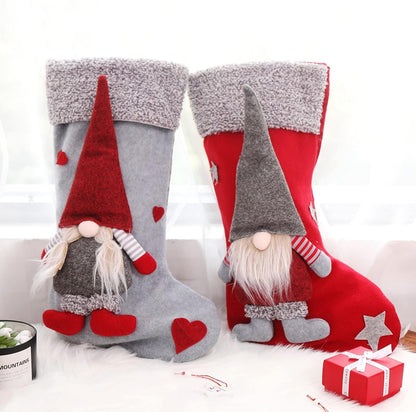 Houwsbaby 2 Pcs Christmas Stockings Set with 3D Mr and Mrs Swedish Gnome Tomte Nisse Couple Holders with Plush Cuff Gift Bags for Kids Holiday Fireplace Hanging Xmas Party Decorations, 19 inches