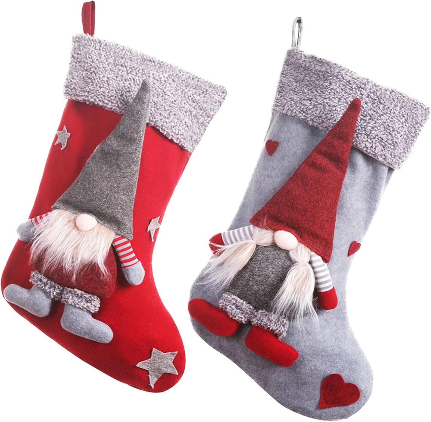 Houwsbaby 2 Pcs Christmas Stockings Set with 3D Mr and Mrs Swedish Gnome Tomte Nisse Couple Holders with Plush Cuff Gift Bags for Kids Holiday Fireplace Hanging Xmas Party Decorations, 19 inches