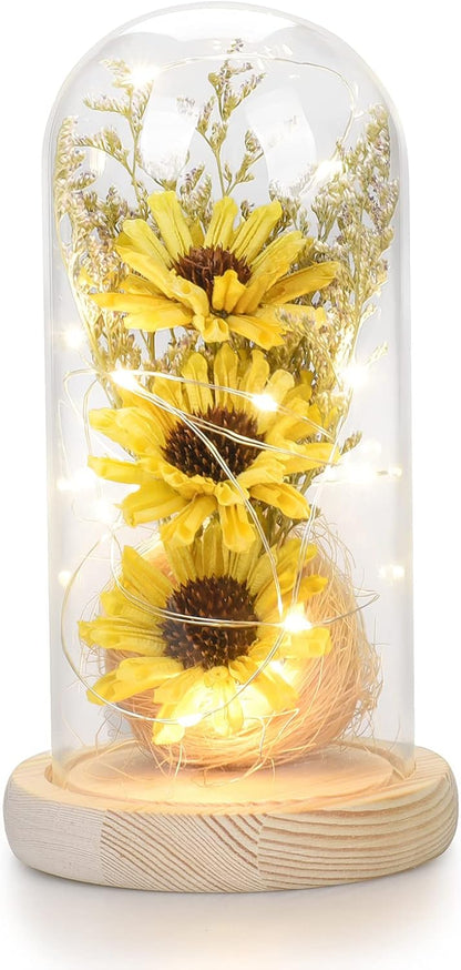 Sunflower Gifts for Women, Artificial Sunflowers in Glass Dome with LED Strip, 1PSC Sunflower Decor on Mother's Day, Valentine's Day, Christmas, Thanksgiving, Birthday (Yellow)