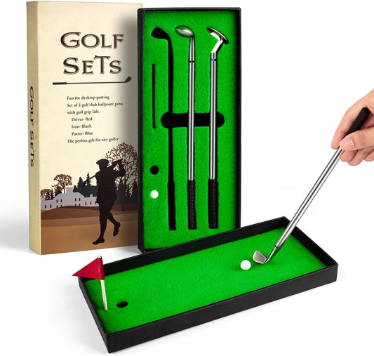 Juboury Golf Pen Set, Mini Desktop Golf Ball Pen Gift Set with Putting Green,Flag,3 Golf Clubs Pens & 2 Balls