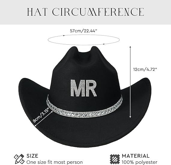 AW BRIDAL 2 Pcs Mr & Mrs Rhinestone Felt Cowboy Hat for Women Men Classic Western Hats Anniversary Engagement Wedding Gifts