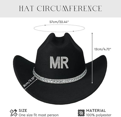 AW BRIDAL 2 Pcs Mr & Mrs Rhinestone Felt Cowboy Hat for Women Men Classic Western Hats Anniversary Engagement Wedding Gifts