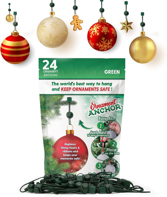 ORNAMENT ANCHOR Ornament Hooks for Hanging Christmas Decorations - No-Slip Hanging Hooks for Xmas - Heavy Duty Christmas Tree Ornaments Hanger Hooks for Small & Large Ornaments (Green, 24 Count)