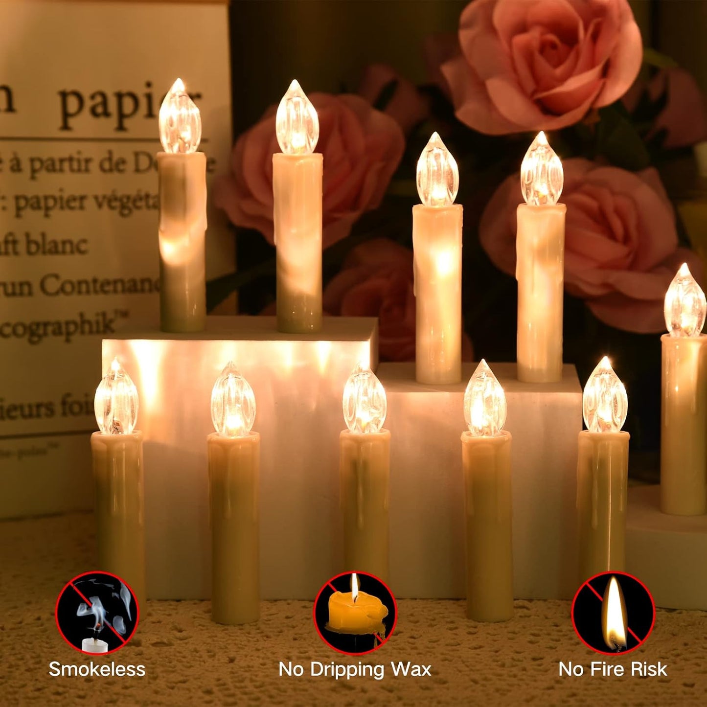 JOSU Flameless Candles Christmas Decor, 12PCS Led Flickering Lights Battery Operated with Remote Timer/Clips, Warm White Window Candles for Home Indoor Outdoor Wedding Halloween Christmas Trees Decor