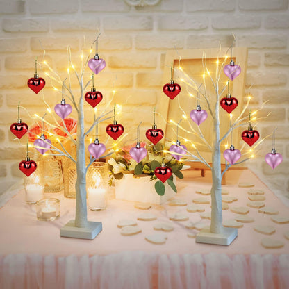 2 Pack Prelit White Birch Tree -2FT Valentines Tree with 10 Pink & Red Heart-Shaped Ornaments, 24 Warm White LED, Battery Operated, 6-Hours Timer, Tabletop Lamp for Home Party Wedding Xmas Decor