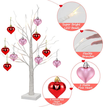 2 Pack Prelit White Birch Tree -2FT Valentines Tree with 10 Pink & Red Heart-Shaped Ornaments, 24 Warm White LED, Battery Operated, 6-Hours Timer, Tabletop Lamp for Home Party Wedding Xmas Decor