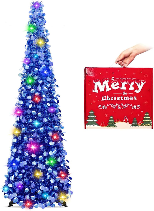 MACTING 5FT Christmas Tree with Lights, Easy-Assembly Pop Up Tinsel Tree, Glittery Collapsible Pnecil Tree for Home Holiday Party Winter Porch Apartment Indoor Outdoor Xmas Decor(Blue)