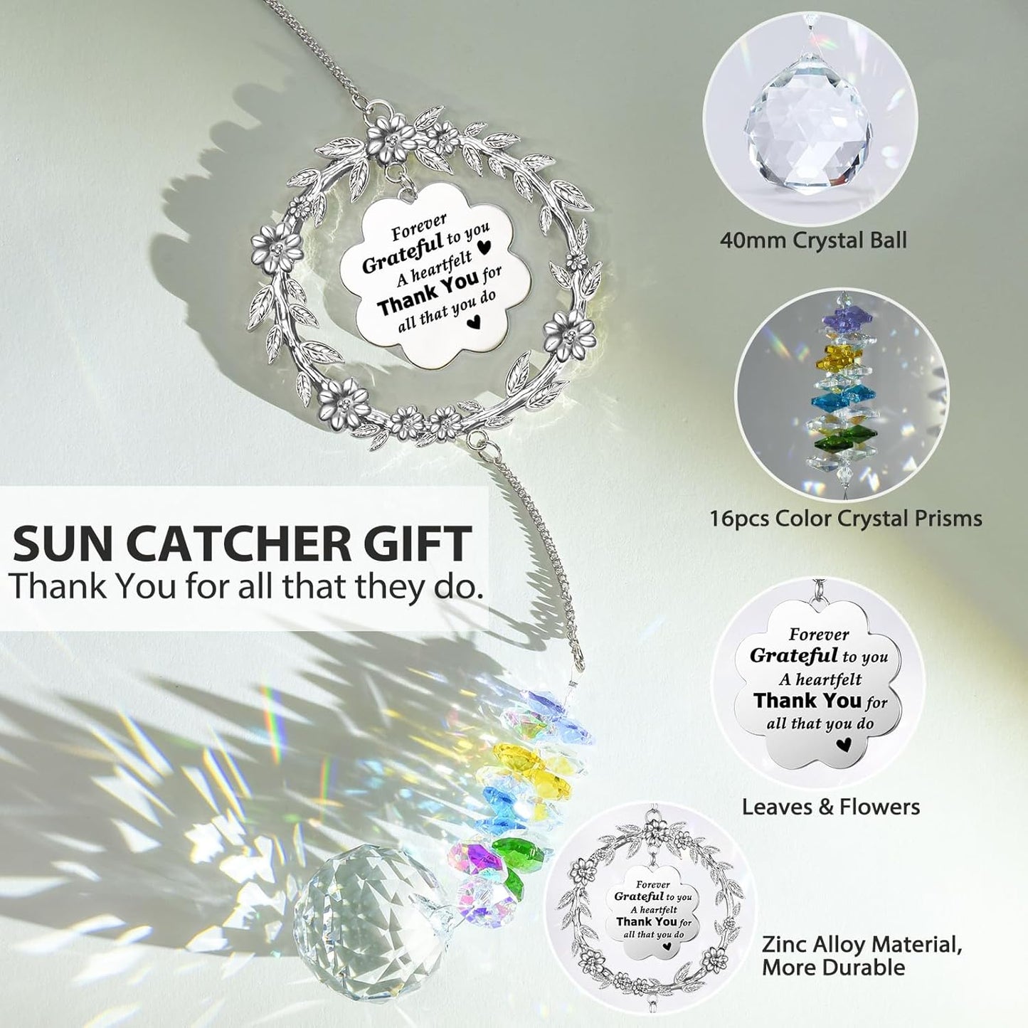 Thank You Gifts for Women, Sun Catcher Gift with Engraved Thank You Message, Hanging Crystal Suncatcher Ornament for Window Rainbow Maker, Appreciation Gift, Gratitude Gifts for Friend Family Teacher