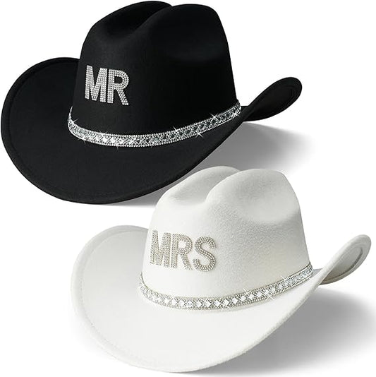 AW BRIDAL 2 Pcs Mr & Mrs Rhinestone Felt Cowboy Hat for Women Men Classic Western Hats Anniversary Engagement Wedding Gifts