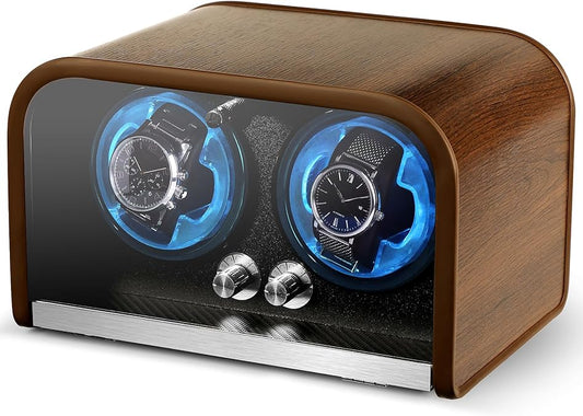 Watch Winder for Automatic Watches，Watch Winders Box for Rolex,Double Japanese Silent Motor, 4 Rotation Mode Setting, Blue Light, Plug-in or 2 * AA Batteries (not Included), Retro Style, Gift for Man