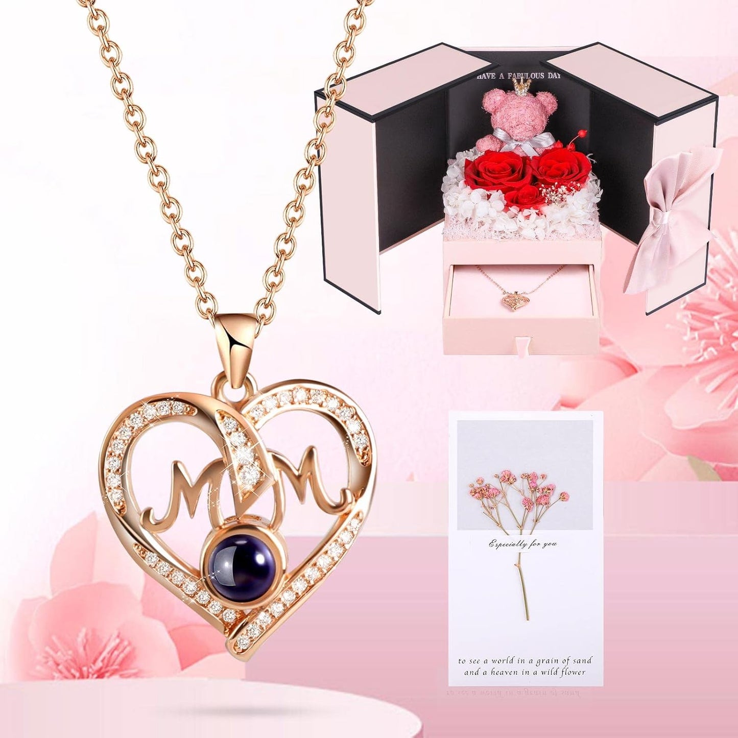 ADDWel Gifts for Mom from Daughter and Son, Unique Mother Birthday Gift Idea, Preserved Real Roses with I Love You in 100 Languages Mom Necklace, Cool Present to Mother Mama on Valentine's Day