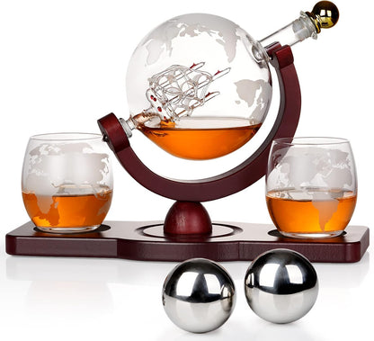 Gifts for Men Dad Christmas, PONPUR Whiskey Decanter Globe Set with 2 Ball Stones & 2 Glasses, Anniversary Birthday Gifts for Him Husband Boyfriend Brother, Cool Stuff Gift for Bourbon Scotch