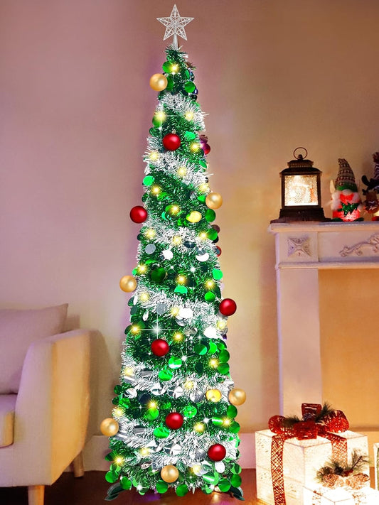 5 Ft Lighted Slim Christmas Tree with Timer Ball Ornament 100 Warm Lights Battery Powered Big 3D Star,Glitter Tinsel Pop Up Pencil Christmas Tree Decoration Indoor Outdoor(Green + Silver)