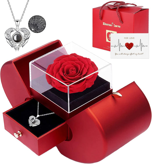 Preserved Real Rose with "I Love You" 100 Languages Necklace, Gifts for Girlfriend, Wife, Mom, on Christmas, Valentine's, Mother's Day, Birthday, Anniversary, Thanksgiving.