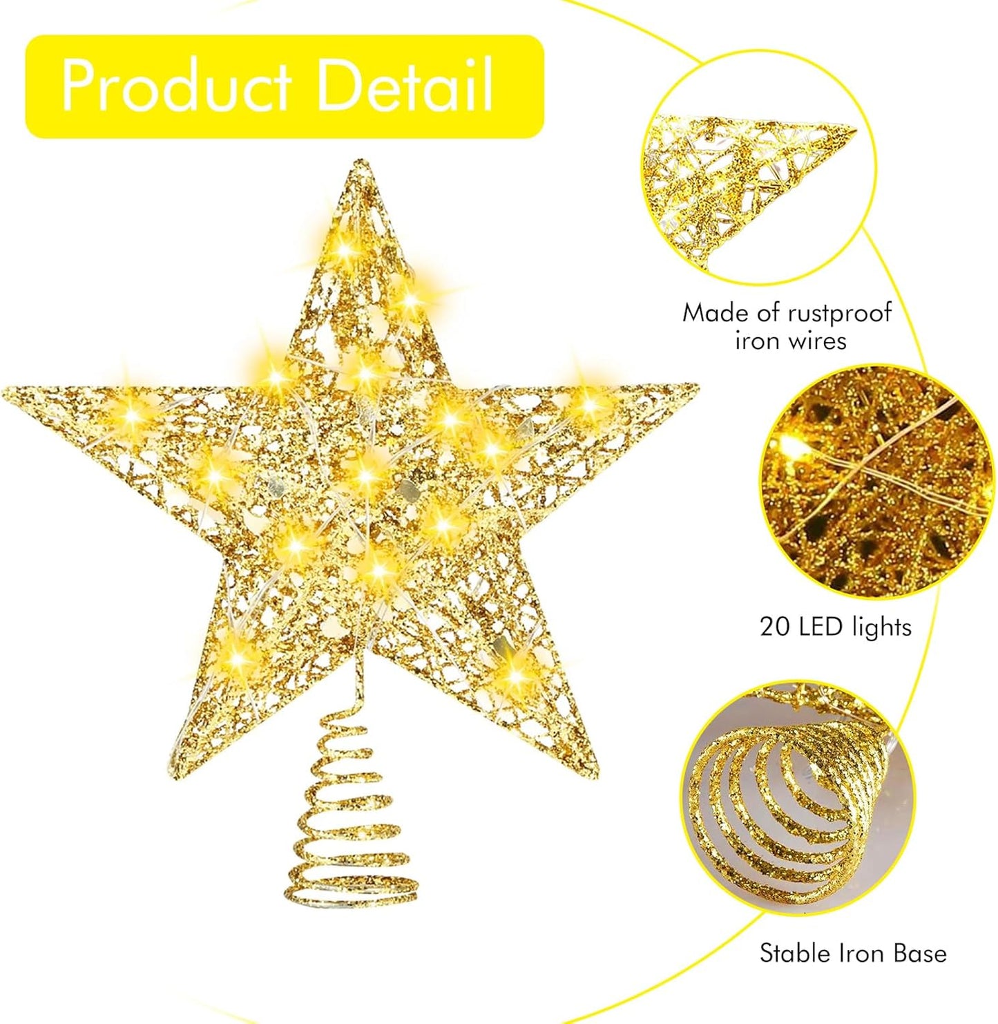 Christmas Tree Topper, 9.8 In Sparkling Star Tree Topper with 20 LED Warm Lights for Indoor Office Xmas New Year Holiday Tree Decoration(Gold)