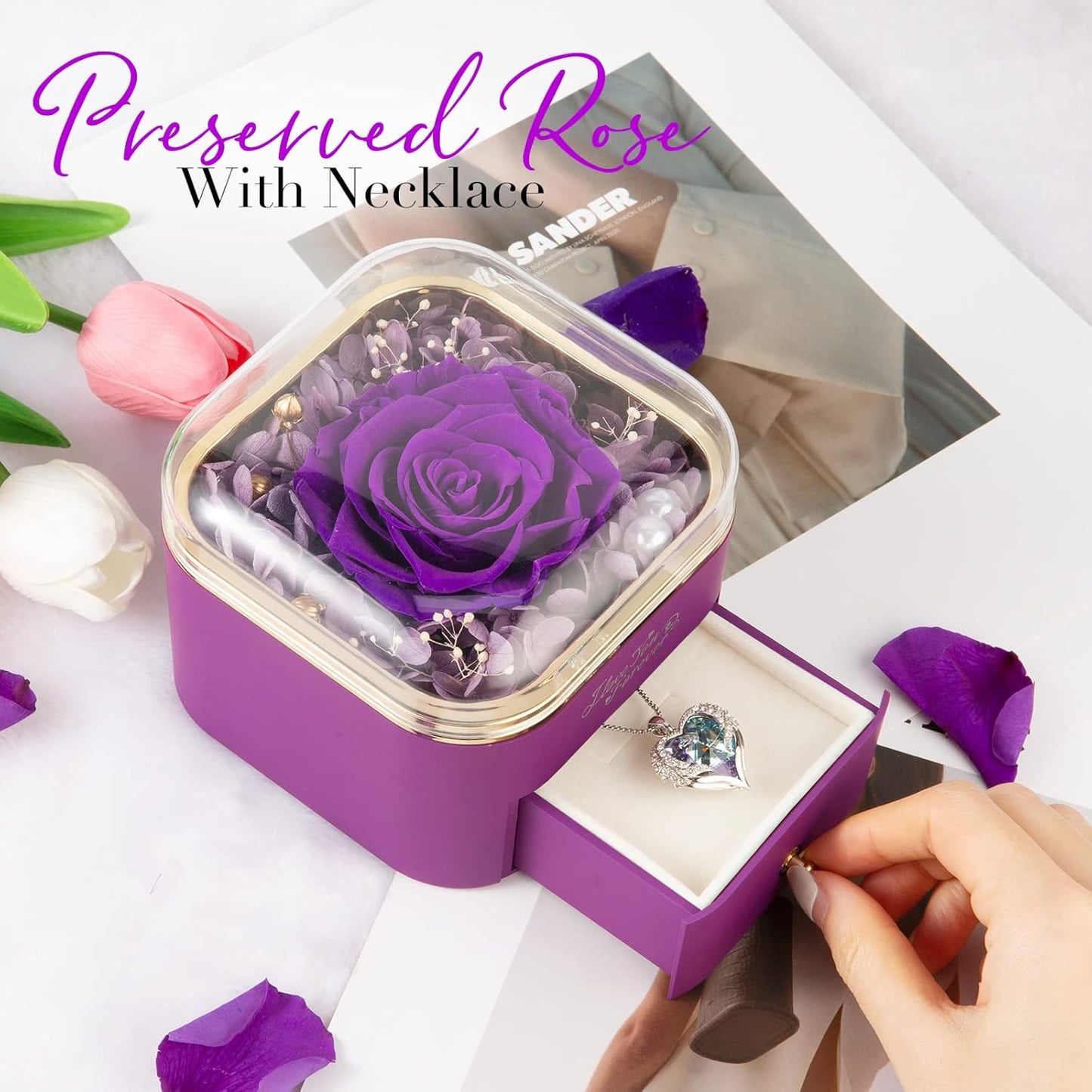 NEWNOVE Preserved Real Purple Rose, Forever Flowers Gifts for Mom Grandma Wife Girlfriend on Christmas, Valentines Day, Mothers Day, Anniversary or Birthday Gifts for Women, I Love You Gifts for Her