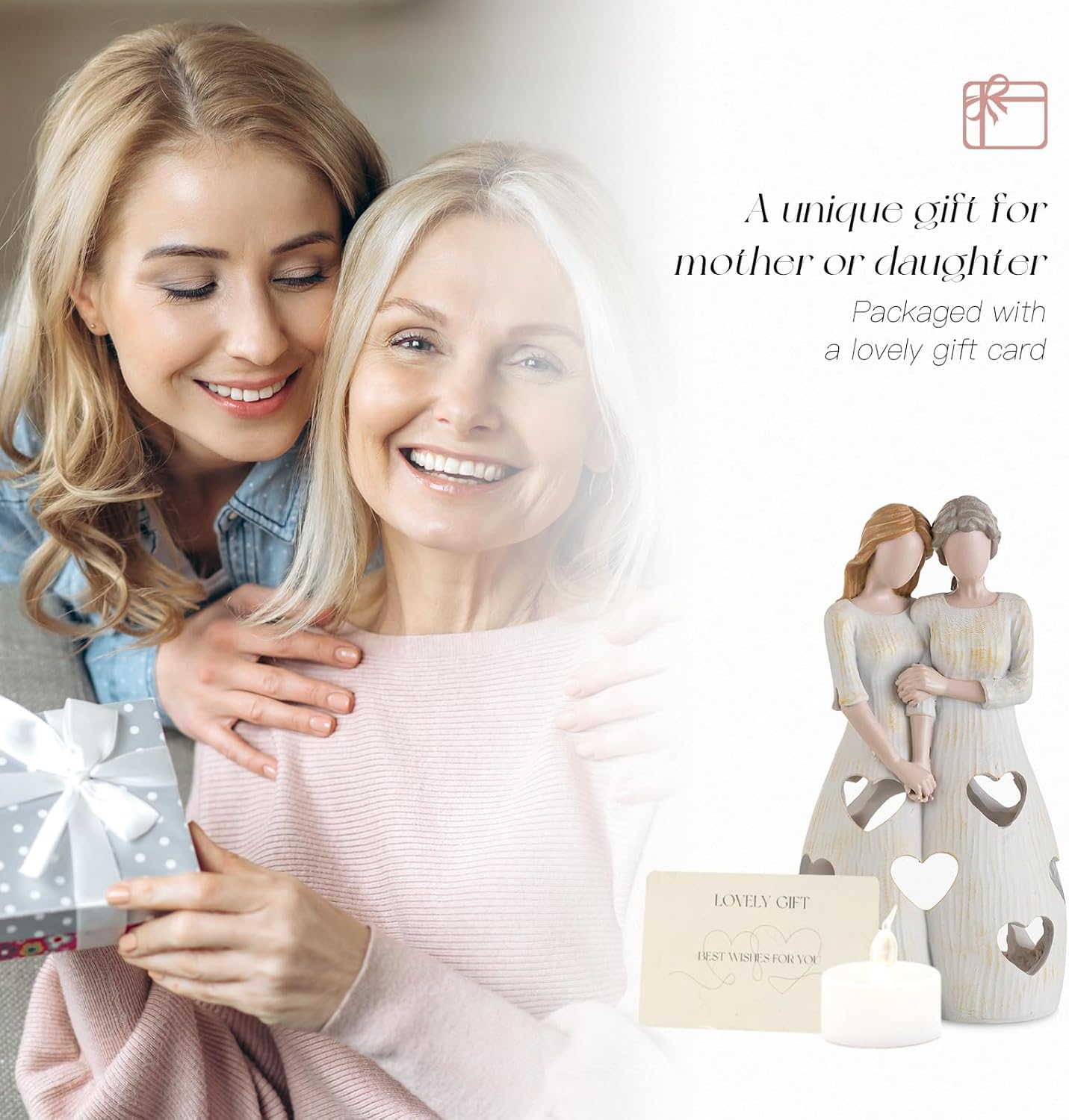 Mothers Gifts for Mom Birthday: Unique Candle Holder Sentimental Gift Ideas from Daughter Tealight Holders Decor Mother Daughter Figurines Meaningful Home Decoration