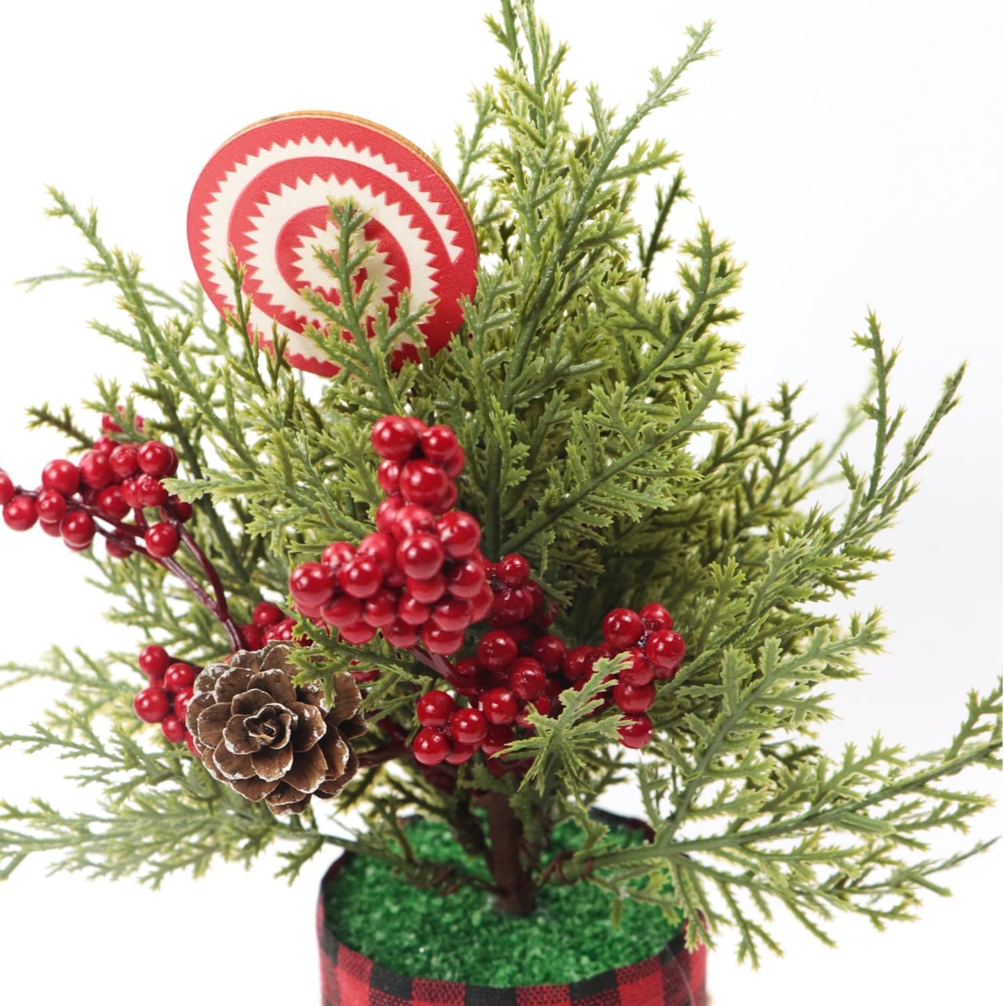 Small Christmas Tree Centerpieces Tabletop Decorations 10.5" Red Berry Pinecone Frosted Artificial Pine Tree in a Box for Winter Rustic Farmhouse Holiday Xmas Dining Table Flower Arrangements (Cedar)