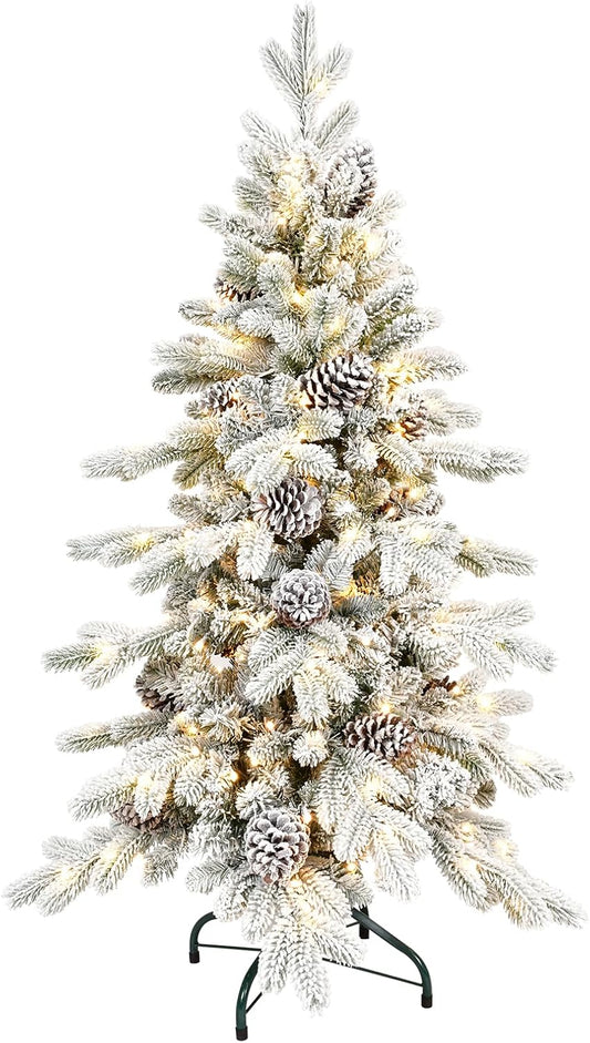 4 FT Pre-Lit Snow Flocked Slim Fir Christmas Tree with 455 PE & PVC Mixed Branch Tips,Artificial Skinny Pencil Xmas Tree with 200 Warm-White Lights & 19 Pine Cones,Hinged Pine Tree with Metal Stand