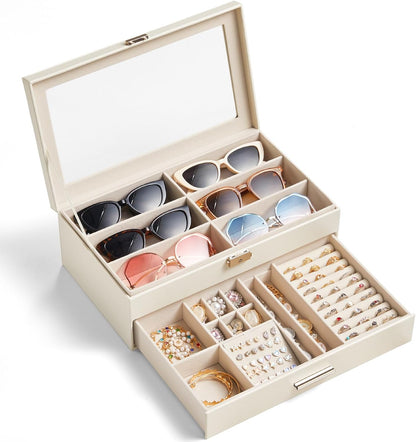 Lifewit 2-layer Jewelry Box for 6 Slots Sunglasses Organizer, Storage for Bracelet, Necklace, ring, Multiple Eyeglasses Display Case for Women Girl, Gift Idea, Creamy White