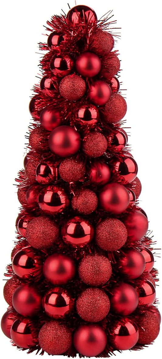 16" Small Tabletop Christmas Tree, Mini Xmas Tree with 94 Shatterproof Christmas Ornaments Balls for Christmas Decor Holiday Party Wedding Centerpiece -Red