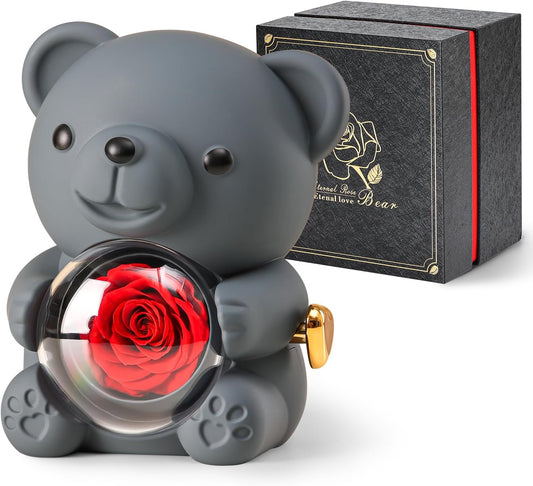 Cute Teddy Bear with Preserved Rose - A Real Rose Flower in Bear with Elegant Gift Box - Romantic Gift for Her in Valentine's Day, Mother's Day, Weddings, Anniversaries, and Bridal Showers (Grey)