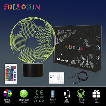 FULLOSUN Kids Night Light Soccer 3D Optical Illusion Lamp with Remote Control 16 Colors Changing Football Birthday Xmas Valentine's Day Gift Idea for Sport Fan Boys Girls