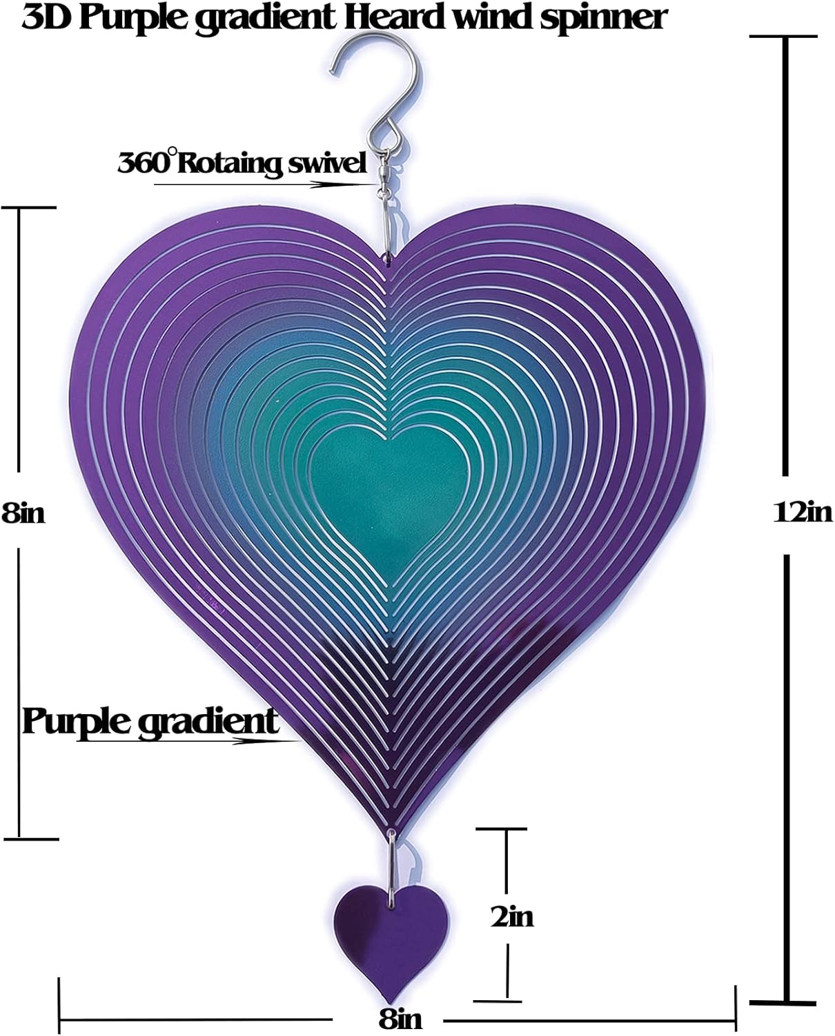 DJUAN Wind Spinner Purple-Green Gradient Love Heart 3D Metal Hanging Wind Spinners Worth Gift Stainless Steel Yard Art Decorations Indoor/Outdoor Kinetic Wind Sculptures & Spinners