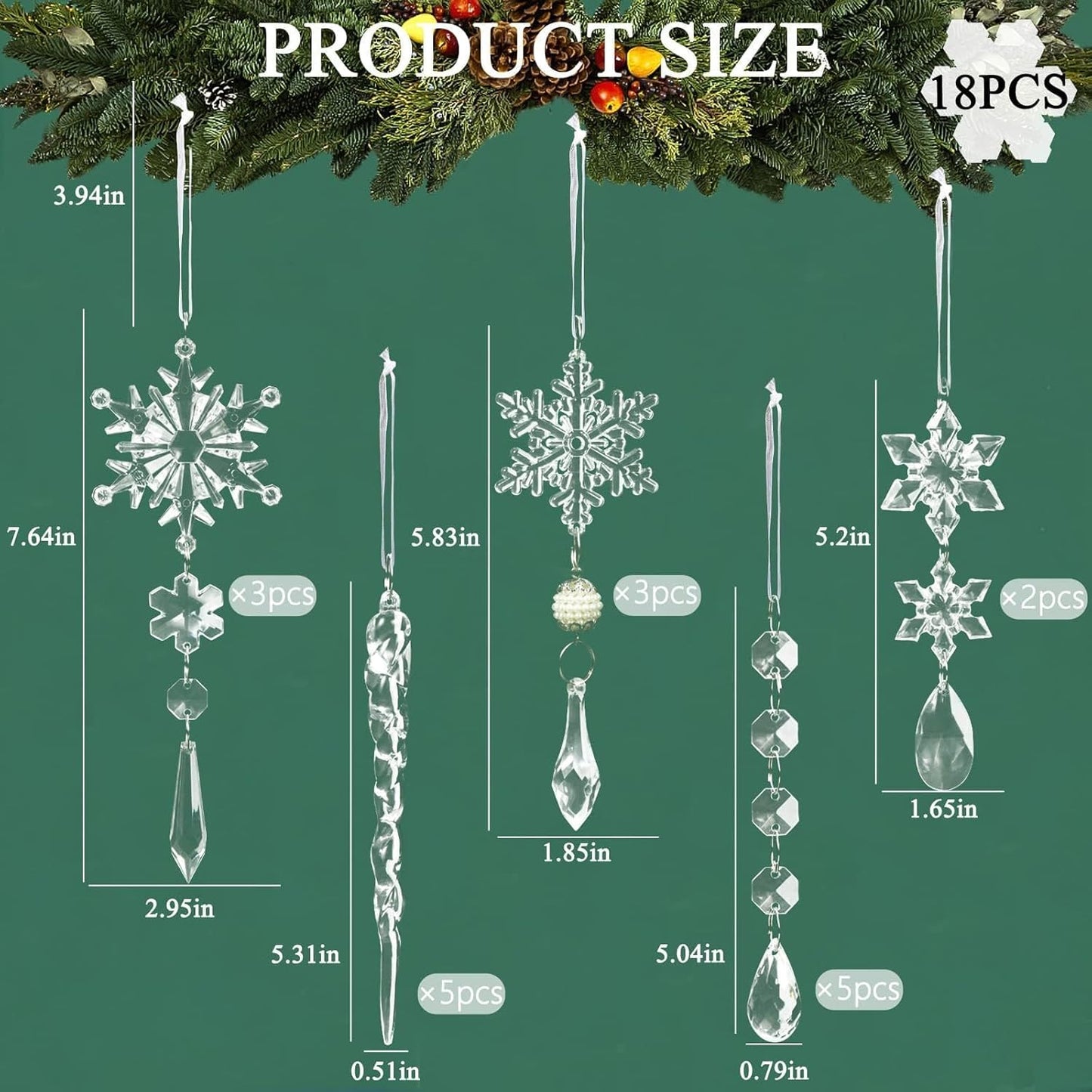 18pcs Crystal Christmas Ornaments for Tree Decorations-Hanging Acrylic Snowflake Icicle Ornaments with Drop Pendants for Winter Wonderland Chandelier Crystals Decorations Supplies