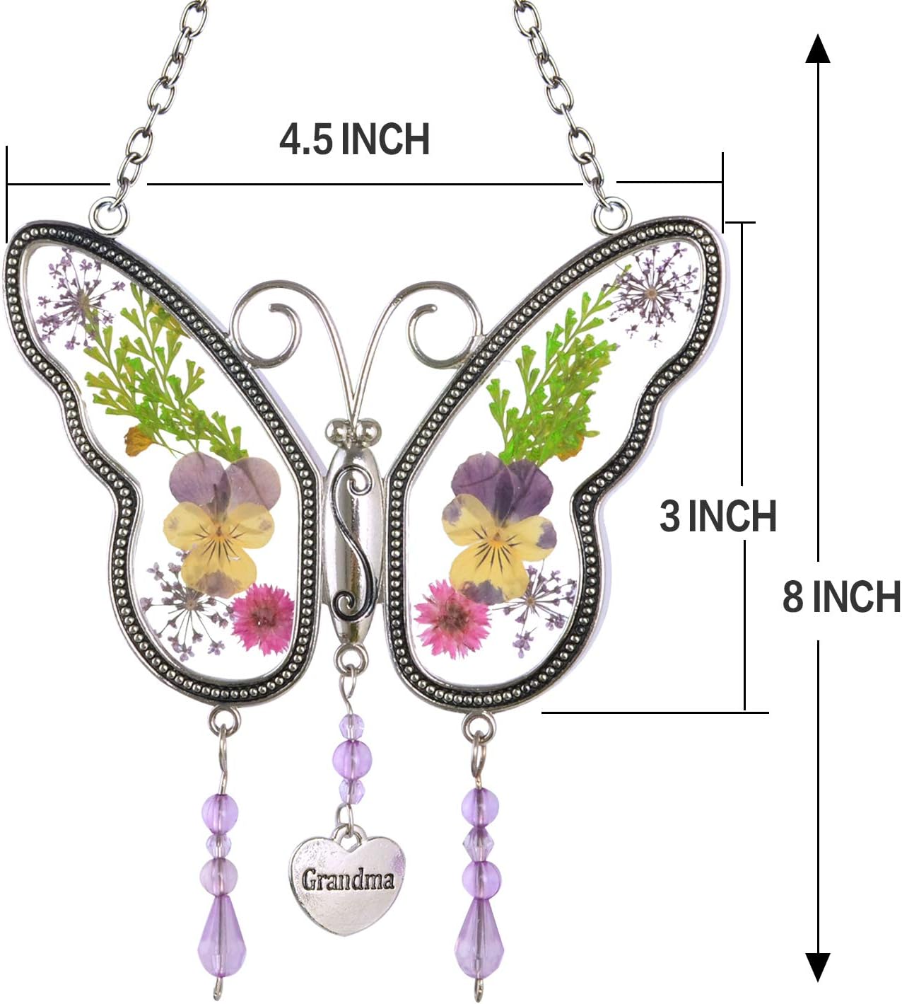 Gifts for Grandma Butterfly Grandma Gifts Real Flowers Wind Chime Butterfly Gifts for Grandma's Birthday Gift Hanging Room Decor Grandma Gifts from Granddaughter Grandson Butterfly Grandma Gift