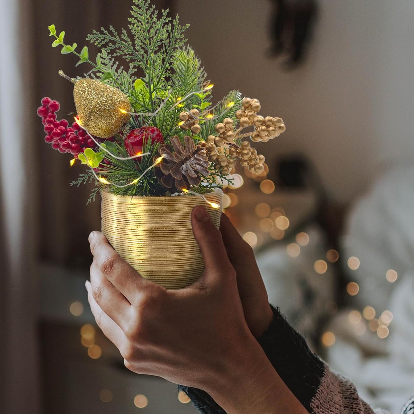 Christmas Decorations Indoor Artificial Flowers - Christmas Centerpiece table Decor with Red Berries Pinecones,Mini Christmas Trees with Lights for Kitchen Mantel Office Home decor Holiday Decorations