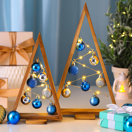 Hungdao 2 Pack Christmas Ball Trees Centerpiece Wooden Xmas Tree Tabletop with Lights Modern Christmas Tree Decorations with Ball Ornaments for Fireplace Mantle Shelf Holiday Decor(Blue, Silver)