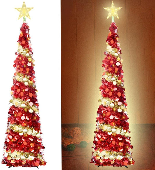 Pop-Up Artificial Christmas Tree, Collapsible Pencil Christmas Trees with 100LED Lights and Topper Star for Holiday Carnival Party Christmas Decorations (Red)