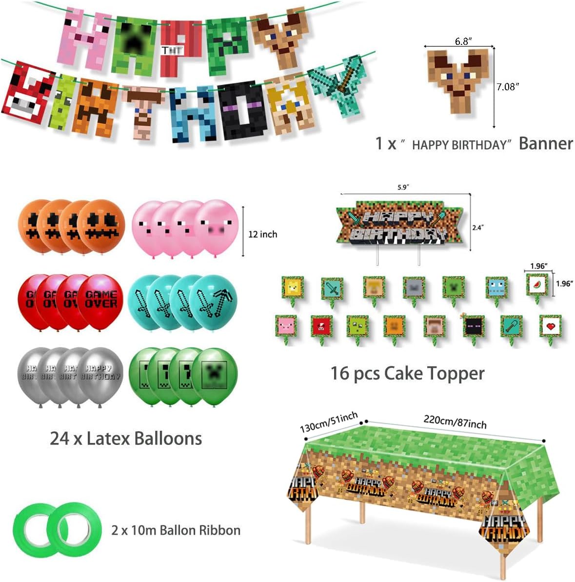 Pixel Birthday Party Decoration, Includes Happy Birthday Banner - Tablecloth - Cake&Cupcake Toppers - 24 Latex Balloons for Kids Theme Birthday Party Decoration Party Supply