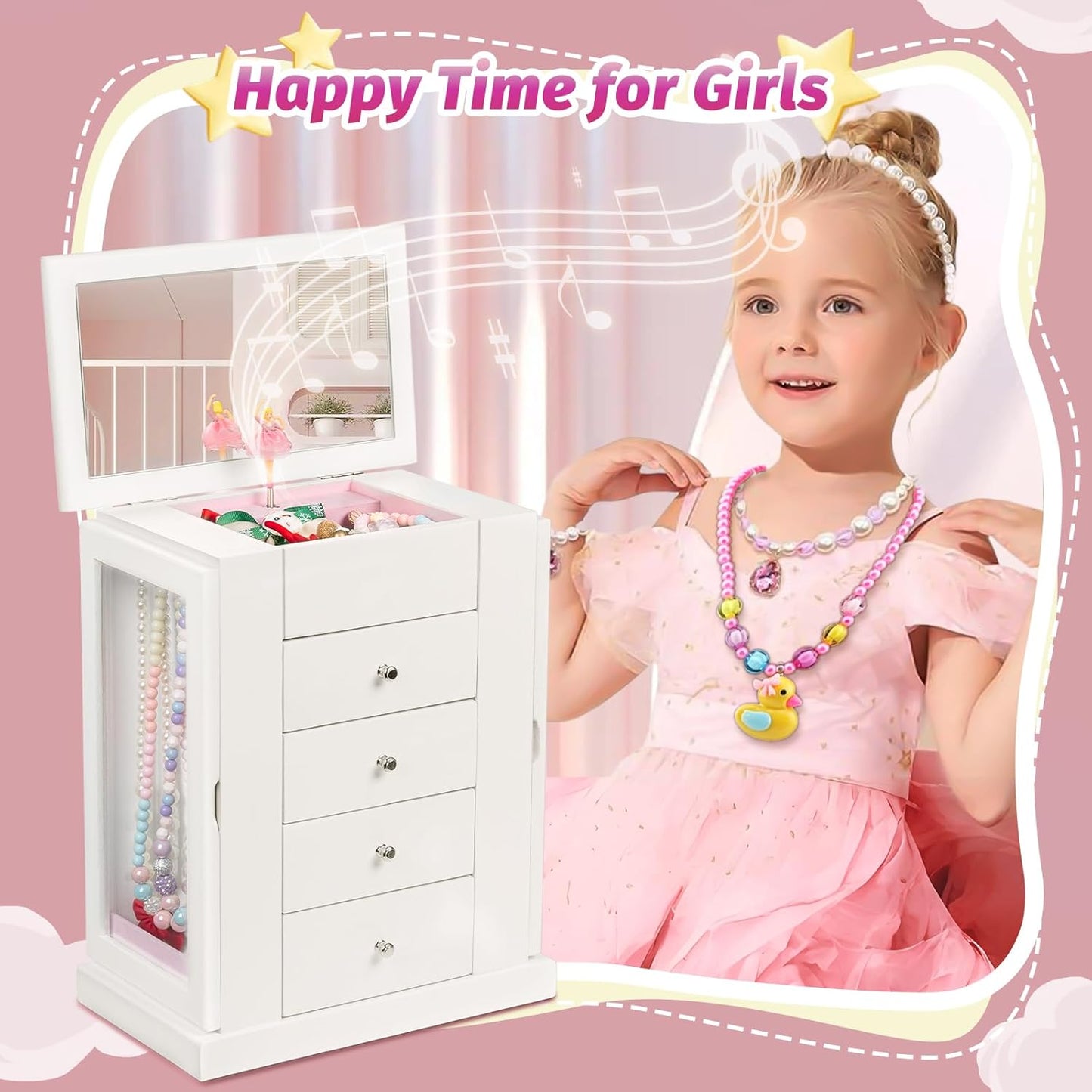 Emfogo Jewelry Box for Girls, Musical Jewelry Box with Spinning Dancer Gifts for Little Girls Christmas New Year Birthday Children's Day, 5 Layer Large Wooden Kids Music Jewelry Organizer Box(White)