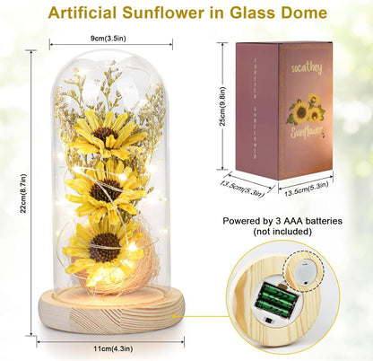 Sunflower Gifts for Women, Artificial Sunflowers in Glass Dome with LED Strip, 1PSC Sunflower Decor on Mother's Day, Valentine's Day, Christmas, Thanksgiving, Birthday (Yellow)