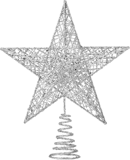 Christmas Tree Toppers Xmas Glitter Silver Hollow Star Treetop Topper for Christmas Tree Decoration