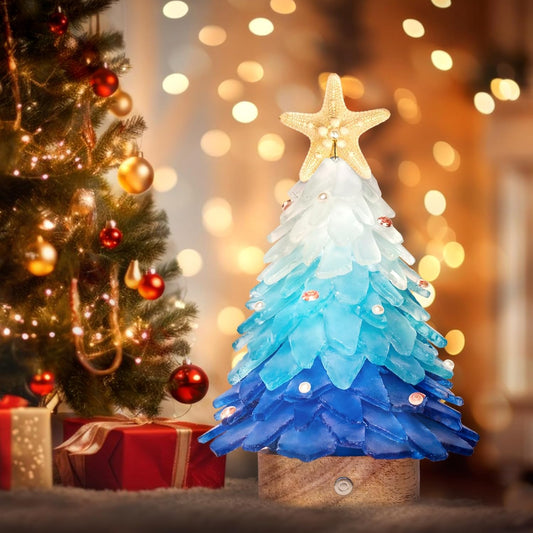 Sea Glass Christmas Tree - Handcrafted Mini Christmas Tree with LED Lights, Blue Gradient Color, Ideal for Christmas, New Year, Coastal Holiday Decor, Versatile Home Decor