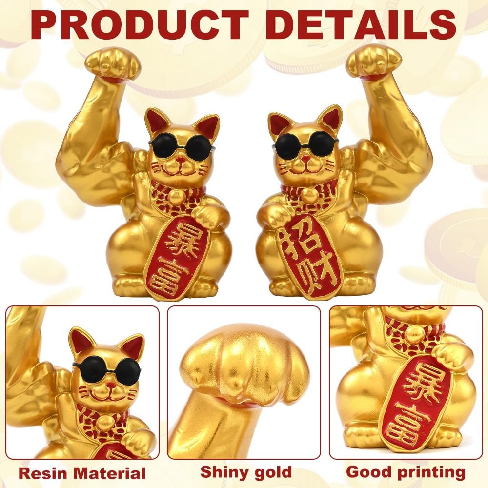 JSCARLIFE Feng Shui Money Cat, Car Ornament Lucky Fortune Cat Figurine Decor Welcoming Hand up for Housewarming Gift, Home Arrangement 2 pcs