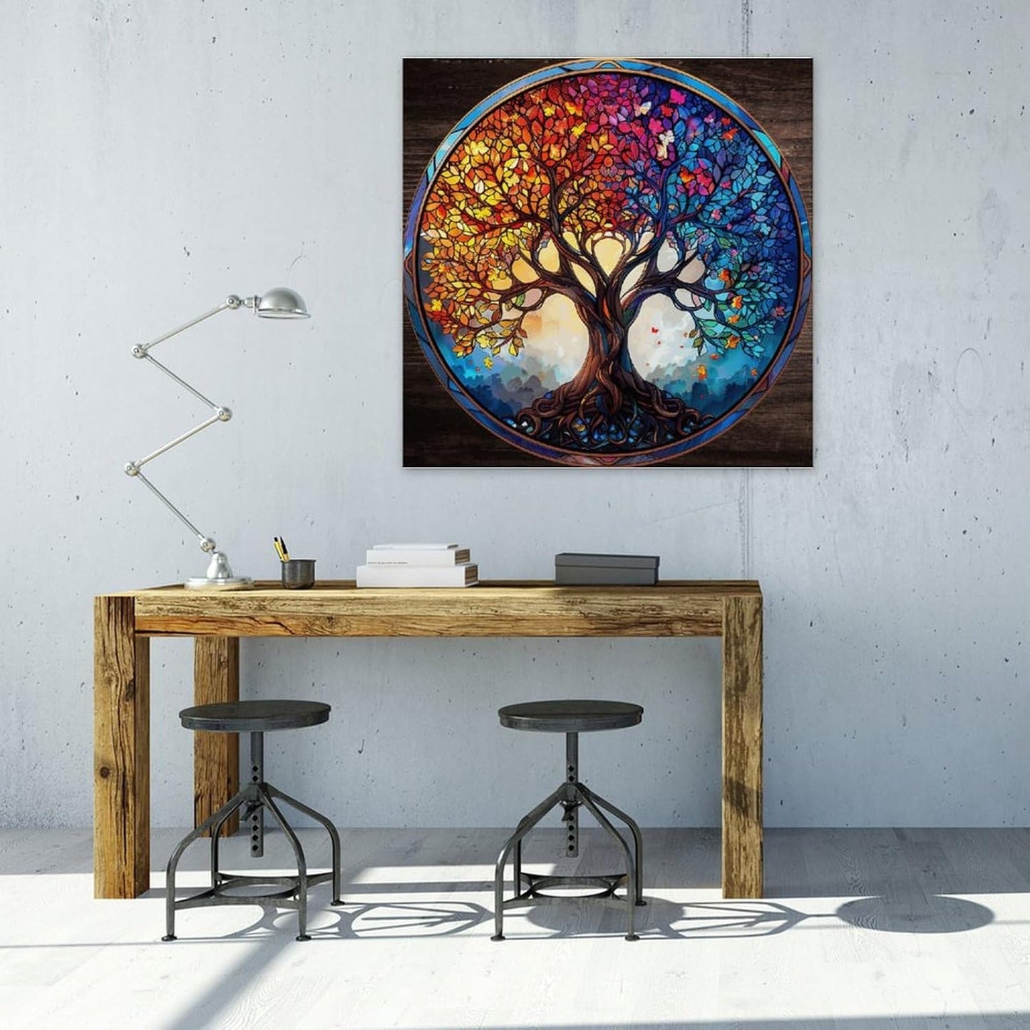 Tree of Life Stained Glass Canvas Posters Wall Art Big Tree Suncatcher Country Framed Canvas Pictures Print Room Decorations Art Work Housewarming Gift for Restaurant Spa Dorm Room 12x12in