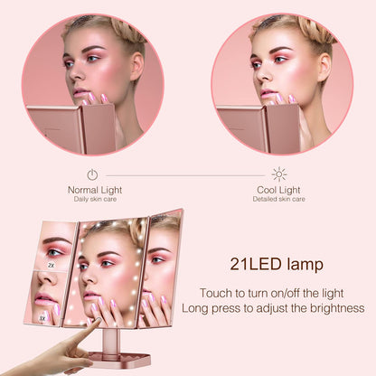 Makeup Mirror Vanity Mirror with Lights, 2X 3X 10X Magnification, Lighted Makeup Mirror, Touch Control, Trifold Makeup Mirror, Dual Power Supply, Portable LED Makeup Mirror, Women Gift (Rose Gold)